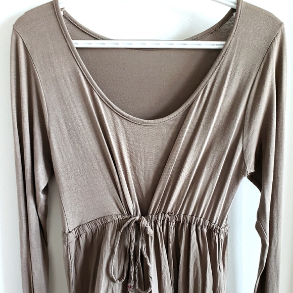 Linen Beige Long Sleeve Gauzy Boho Synched Draw String Waist Higher Front NWOT - Picture 6 of 11